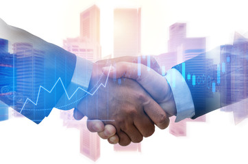 Partner. investor business man handshake with partner for successful project meeting with graph chart stock market, investment trading and city background, investor, partnership and teamwork concept