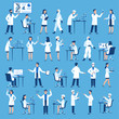 Scientists characters. Doctors group in science hospital laboratory, biological research with test clinical lab equipment vector set
