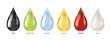 © YummyBuum - Different liquids drops. Colorful droplets of oil, honey and milk, water. Petrol and blood falling drop realistic vector set