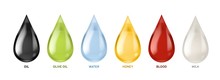 Different Liquids Drops. Colorful Droplets Of Oil, Honey And Milk, Water. Petrol And Blood Falling Drop Realistic Vector Set