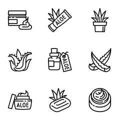 Poster - Aloe vera product icon set. Outline set of 9 aloe vera product vector icons for web design isolated on white background