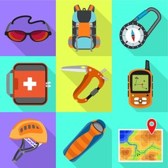 Poster - Climbing equipment icon set. Flat set of 9 climbing equipment vector icons for web design isolated on white background