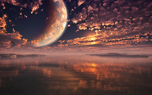 Giant Moon On Majestic Cloudy Sky In Distant Planet Environment With Water