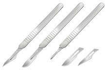 Scalpels With Blades, A Handle Without A Blade And Removable Blades. Manual Surgical Instrument. Realistic Objects On A White Background. Vector