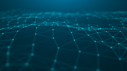 Poster - wave of particles. abstract blue technology background. science background. big data. background . p