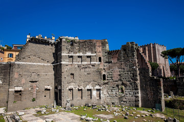 Ancient ruins of the Forum of Augustus with Temple of Mars the Avenger inaugurated in 2 BC