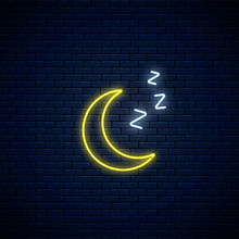 Glowing Neon Sleepy Moon Icon With Zzz Symbol. Sleeping Crescent In Neon Style To Weather Forecast In Mobile Application