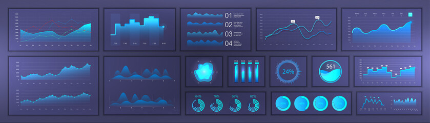 Wall Mural - Bright modern infographic with data and charts, statistics graphs and finance analysis in futuristic style. Web elements UI UX design, modern style. Business infographic template set. Vector