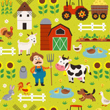 seamless pattern with farmer riding a tractor and farm animals  - vector illustration, eps    