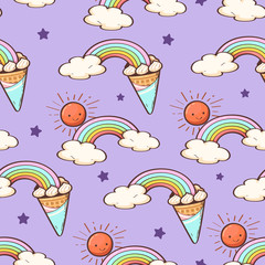  Cute rainbow ice cream cone and white star seamless pattern, Abstract seamless pattern on purple background,  Cute character cartoon, Vector