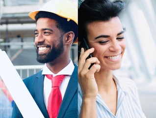 Sticker - Construction worker and a beautiful business woman outside