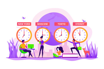 Wall Mural - Worldwide business, international company branches. Clocks showing local timezone. Time zones, international time, world business time concept. Vector isolated concept creative illustration