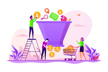 Poster - Lead generation, targeted marketing campaign strategy. Sales funnel management, customer journey representation, sales funnel stages concept. Vector isolated concept creative illustration