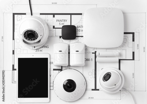 Fotomural Different equipment of security system on home plan