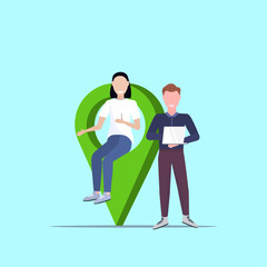 Poster - couple using geo tag pointer man woman holding digital gadgets near location marker gps navigation concept flat full length