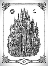 Mediaval Castle Or Town With Towers. Vector Line Art Mystic Illustration. Engraved Drawing In Gothic Style. Occult, Esoteric And Fantasy Concept