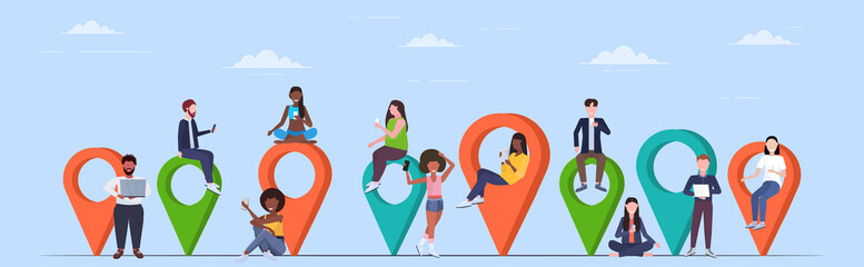 Poster - people using digital gadgets colorful geo tags pointers mix race men women near location markers gps navigation concept flat full length horizontal