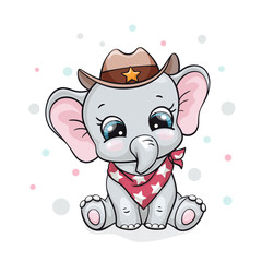  Elephant, baby cute print. Sweet tiny cowboy with hat and scarf. Cool african animal illustration