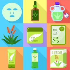 Poster - Aloe vera organic cosmetic icon set. Flat set of 9 aloe vera organic cosmetic vector icons for web design isolated on white background