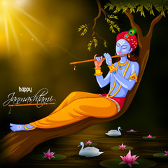 Wall Mural - vector illustration of God Krishna playing flute on Happy Janmashtami festival background of India