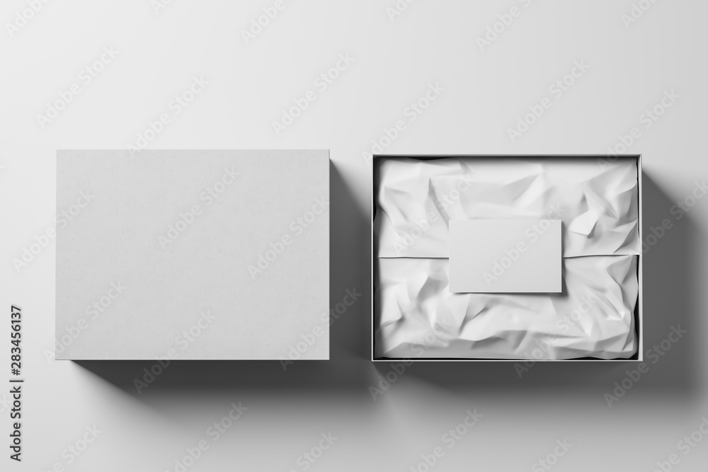 Open and closed white realistic cardboard box with brown paper and a business card on a light background. Business gift concept. Mock up. Top view. 3d rendering - obrazy, fototapety, plakaty 