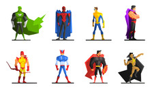 Superheroes Set, Different Male Superhero Characters In Colorful Costumes Vector Illustration