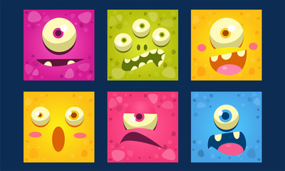 Sticker - Cute Monsters Emoticons Set, Colorful Mutant Emojis with Funny Faces Vector Illustration