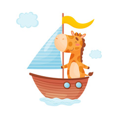 Wall Mural - Cute giraffe swims in a boat with a sail. Vector illustration on white background.