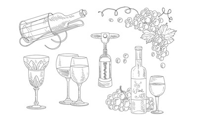 Poster - Wine Set, Hand Drawn Wine Objects, Bottle, Corkscrew, Glass, Grapes Vector Illustration