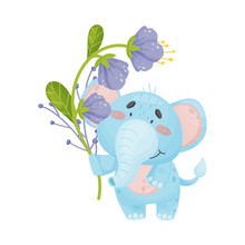 Cute Elephant With Flowers. Vector Illustration On White Background.
