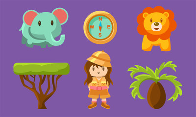 Sticker - Safari Symbols Set, Cute African Animals, Trees and Girl in Safari Outfit Vector Illustration