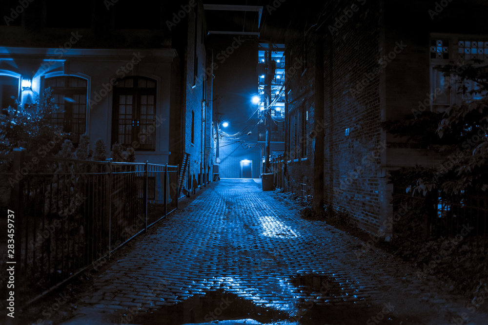 Dark and scary vintage cobblestone brick city alley at night in Chicago - obrazy, fototapety, plakaty 