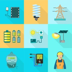 Poster - Solar panel energy icon set. Flat set of 9 solar panel energy vector icons for web design isolated on white background