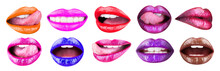 Colored Lip, Lipstick Or Lipgloss, Sexy. Collection Open Mouth. Bright Female Lips Collection Isolated On White Background. Set Of Womens Lips With Glossy Lipsticks. Multicolored Lip, Tongue Sexy
