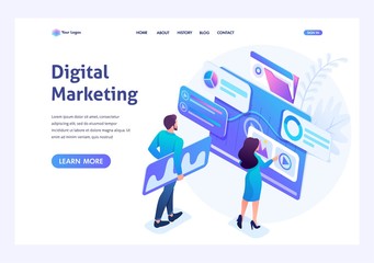 Aufkleber - Isometric concept young entrepreneurs insist data for digital marketing, advertising on the Internet.Template landing page for website