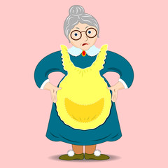 A flat drawing of an evil grandmother. Angry Granny with glasses Discontented cartoon character Granny. Isolated. Vector