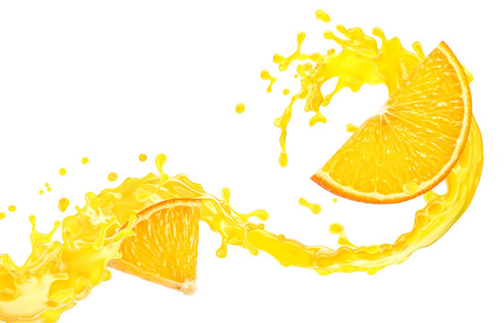 Fresh ripe orange fruit, orange cut, juice, smoothie 3D splash twisted. Tasty vitamin citrus juice splashing, orange juice, smoothie isolated. Healthy orange drink tropical fruit label design element
