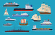 Maritime ships at sea, shipping boats, ocean transport. Marine carriage sea cargo via boat brigantine steamboat container ship dragcar battleship ferry boat tanker yacht cruise liner vector set
