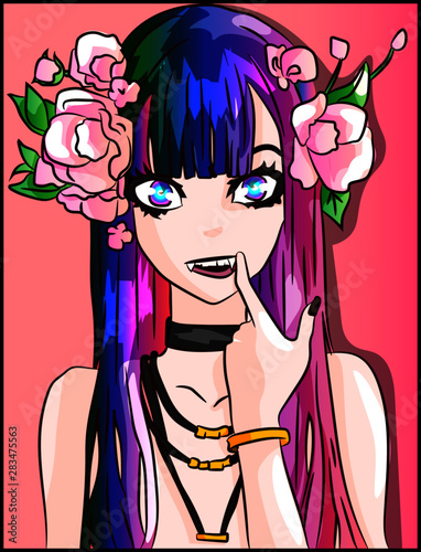 Fashion Anime Demon Evil Girl With Vampire Teeth And Pink