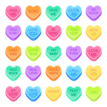 25 Sweethearts Candy Set Flat Style Design Vector Illustration Isolated On White Background. Sweet Heart Shape Candy With Inspiration Conversations Text And Date Candy Treat, Valentine Day Symbols.