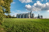 Fototapeta  - silver silos on agro manufacturing plant for processing drying cleaning and storage of agricultural products, flour, cereals and grain with beautiful clouds