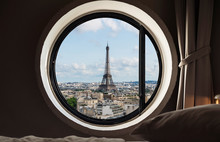 Looking Through Window, Eiffel Tower Famous Landmark In Paris, France. Vacation In Europe