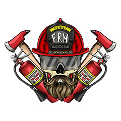 Hand drawn color sketch, fireman skull with helmet, glasses, beard and mustaches, fire extinguisher and axe. Poster, flyer design