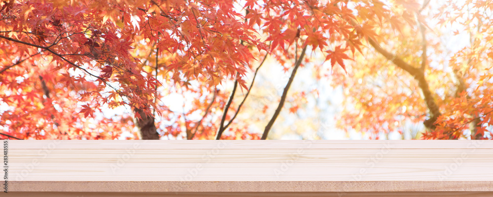 Empty wood table top and blurred autumn tree and red leaf in the park ...