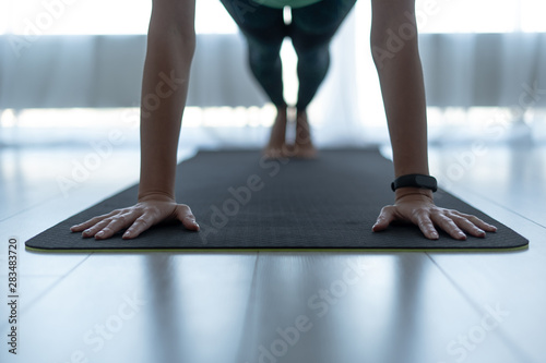 Fotografía Young sporty woman standing in plank pose on fitness mat