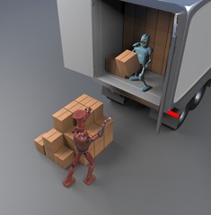 Two retro Robots with Shipping Boxes load in truck Render 3d