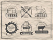 Vector cheese logos. Set of badges with cheese slices, milk jug, cow, plate, knife and fork. Dairy labels on vintage paper background.