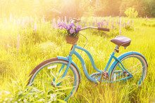 Vintage Bicycle With Basket Full Of Flowers Standing In The Sunny Field