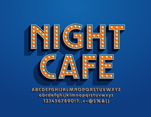 Vector vintage style Sign Night Cafe.  Bright Lamp Font. Retro light bulb Alphabet Letters, Numbers and Symbols.