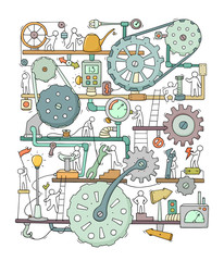 Sketch of people teamwork, gears, production.